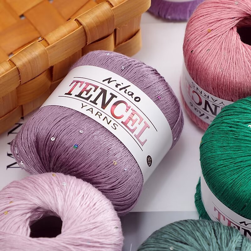 Rankdarbiams mezgimo siūlai – Tencel Sequin Lace siūlai, žiedinis verpimas, grupinis siūlas, Mu Pai