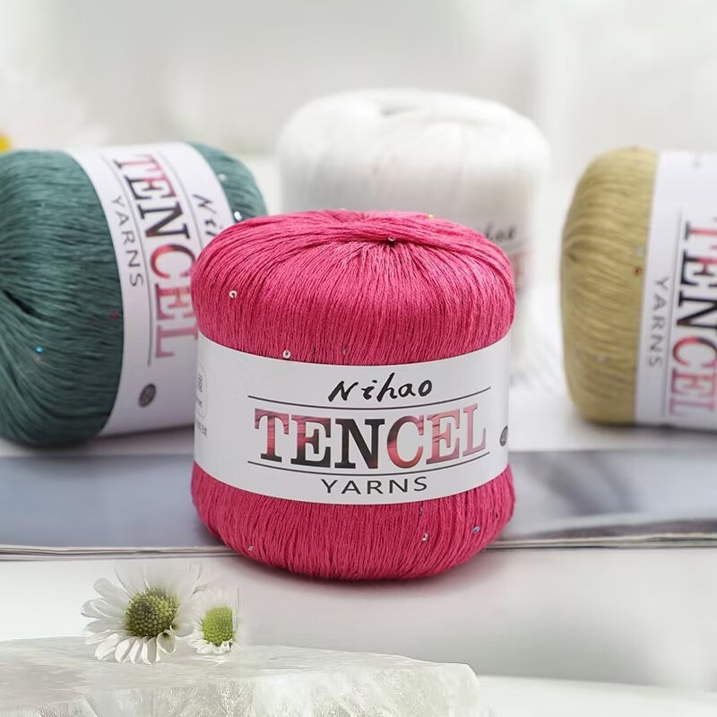 Rankdarbiams mezgimo siūlai – Tencel Sequin Lace siūlai, žiedinis verpimas, grupinis siūlas, Mu Pai