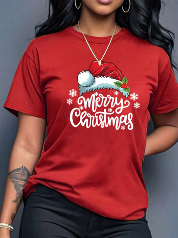 Pamukasta T-majica s tiskom Merry Christmas, labav kroj, okrugli izrez, kratki rukavi