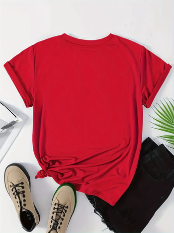 Βαμβακερή T-shirt με εκτύπωση Merry Christmas, χαλαρή γραμμή, στρογγυλός λαιμός, κοντά μανίκια