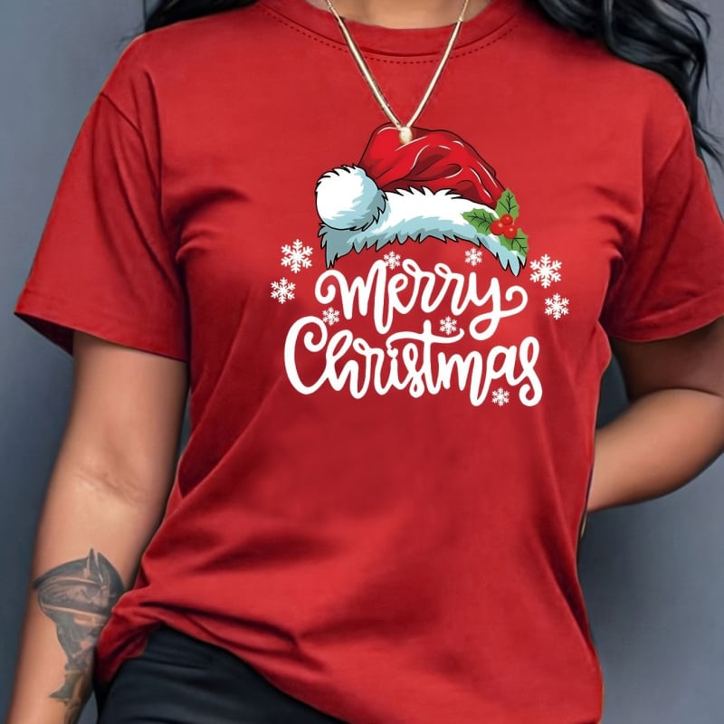 Pamukasta T-majica s tiskom Merry Christmas, labav kroj, okrugli izrez, kratki rukavi