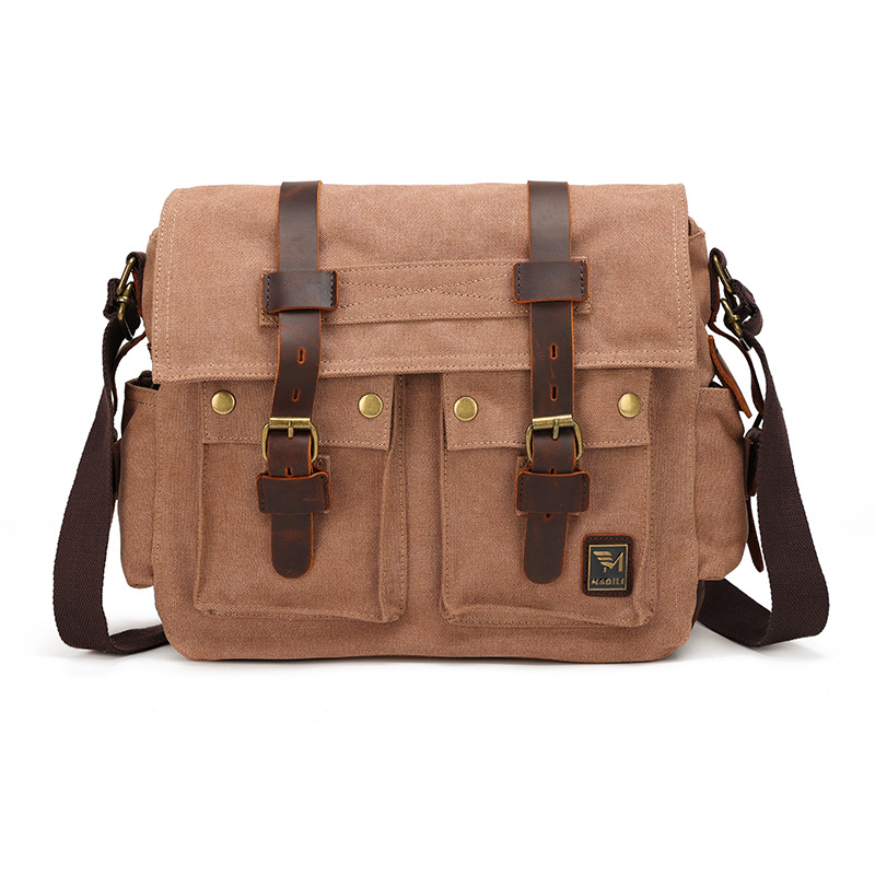 Geantă de umăr din pânză cu piele Crazy Horse, stil retro european-american, geantă de umăr pentru bărbați, geantă casual unisex