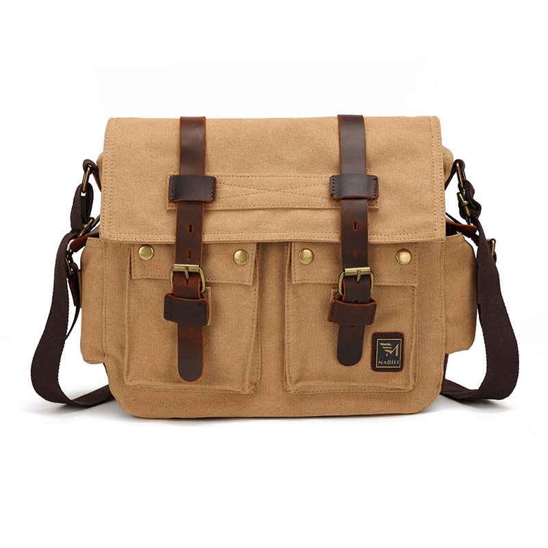 Geantă de umăr din pânză cu piele Crazy Horse, stil retro european-american, geantă de umăr pentru bărbați, geantă casual unisex