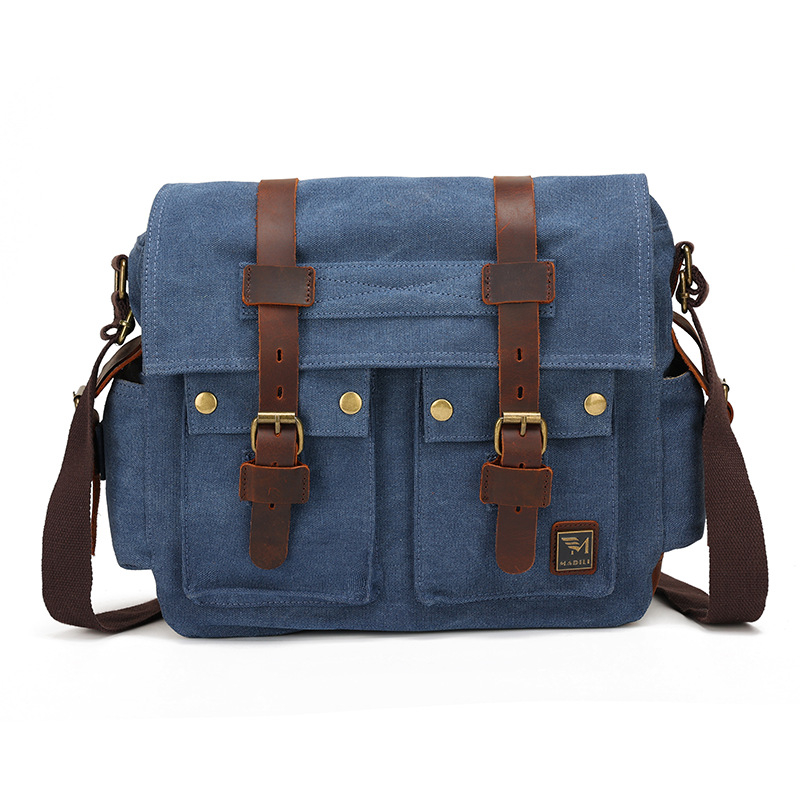 Geantă de umăr din pânză cu piele Crazy Horse, stil retro european-american, geantă de umăr pentru bărbați, geantă casual unisex