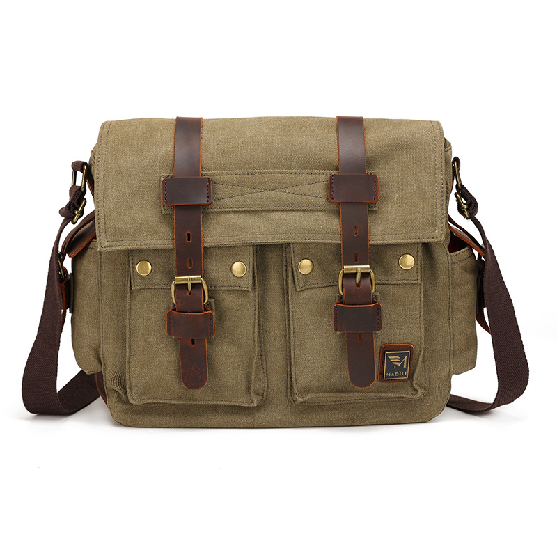 Geantă de umăr din pânză cu piele Crazy Horse, stil retro european-american, geantă de umăr pentru bărbați, geantă casual unisex
