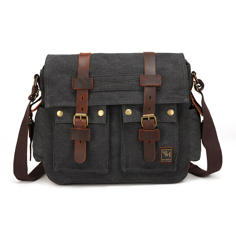 Geantă de umăr din pânză cu piele Crazy Horse, stil retro european-american, geantă de umăr pentru bărbați, geantă casual unisex