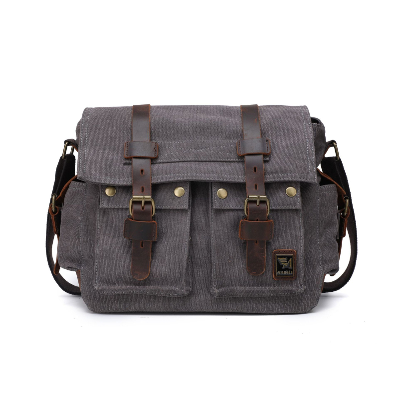 Geantă de umăr din pânză cu piele Crazy Horse, stil retro european-american, geantă de umăr pentru bărbați, geantă casual unisex