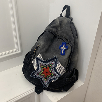 Σακίδιο ντένιμ, Unisex, κατάλληλο για φορητό 13 ιντσών, στυλ δρόμου με γεωμετρικό μοτίβο