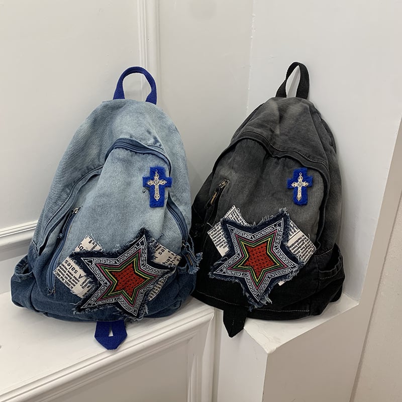 Denim hátizsák, uniszex, kompatibilis 13 colos laptophoz, utcai stílus geometriai mintával