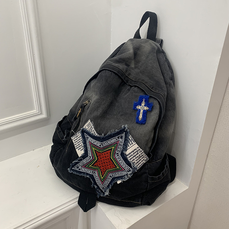 Denim hátizsák, uniszex, kompatibilis 13 colos laptophoz, utcai stílus geometriai mintával