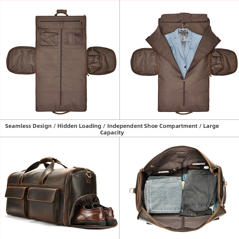 Marunte мъжка кожена пътуваща чанта за ръчно носене, висококачествена кожа, Crazy Horse завършек, капацитет 36-55 л, полиестерна подплата, бизнес стил