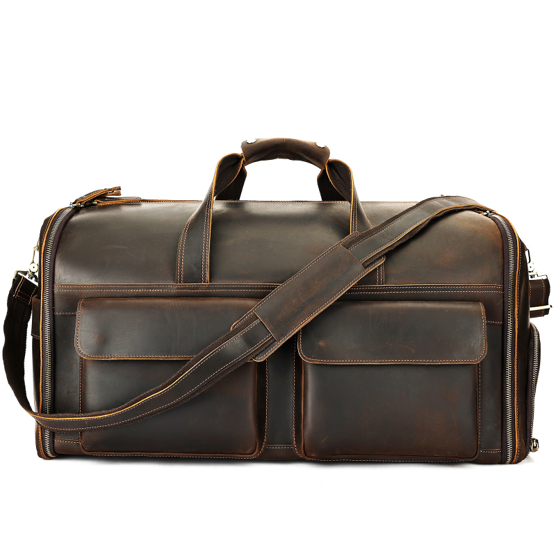 Marunte vīriešu ādas ceļojumu soma ar rokturi, biznesa stila, ietilpība 36-55 L, augstas kvalitātes govs āda, poliestera iekšpuse