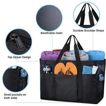 Τσάντα παραλίας από πολυεστέρα, κυβοειδούς σχήματος, με πλέγμα, πολλαπλών χρήσεων για ταξίδια, μακιγιάζ και οικιακή αποθήκευση