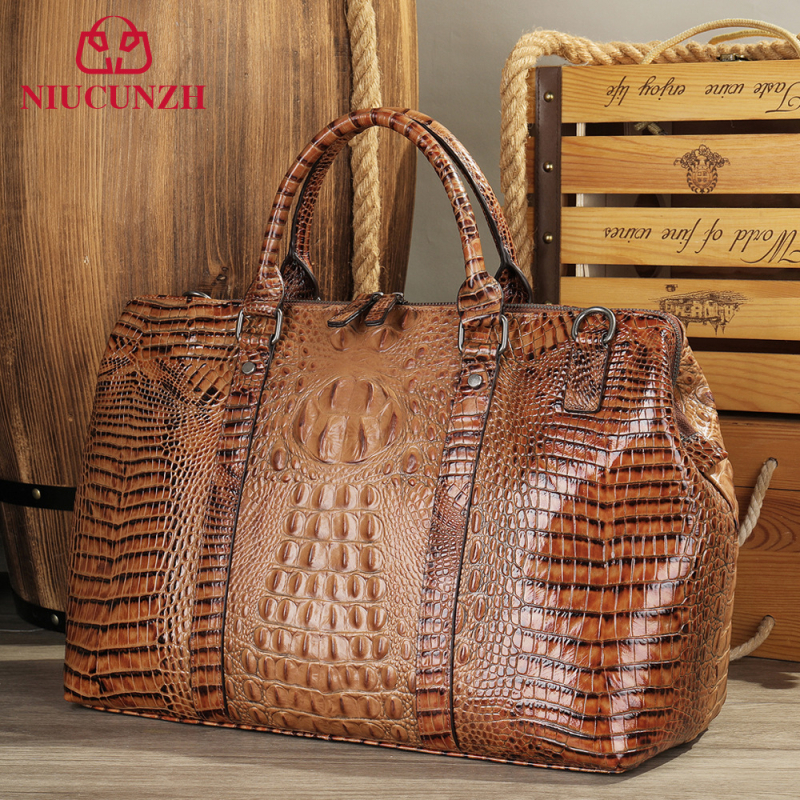 NIUCUNZH пътна дуфел чанта — капацитет 20–35 л, първокласна телешка кожа от горния слой, крокодилен модел, водоустойчива и износоустойчива, модел 4020, унисекс