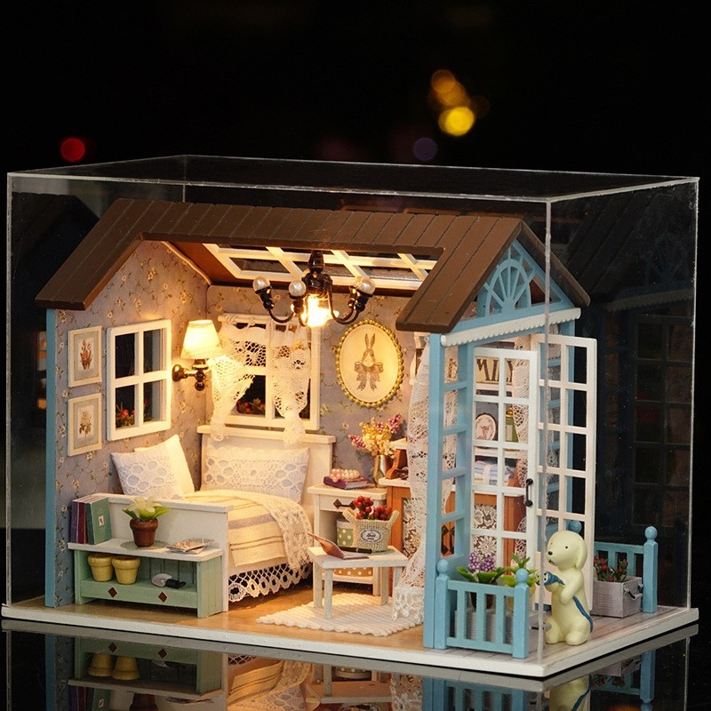 Дървен DIY светещ модел на къща за деца 7-14 години, батерийно захранване, персонализиране с лого
