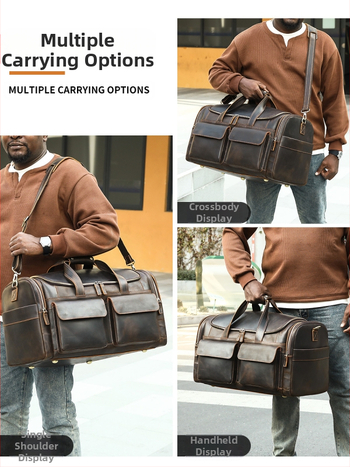 Marunte ανδρική δερμάτινη τσάντα ταξιδιού με crossbody ιμάντα, Crazy Horse δέρμα, χωρητικότητα 36–55 L, επένδυση πολυεστέρα