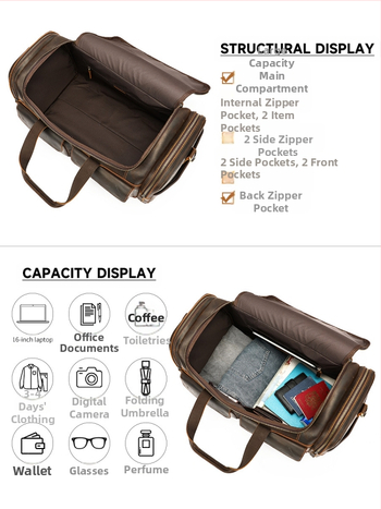 Marunte ανδρική δερμάτινη τσάντα ταξιδιού με crossbody ιμάντα, Crazy Horse δέρμα, χωρητικότητα 36–55 L, επένδυση πολυεστέρα