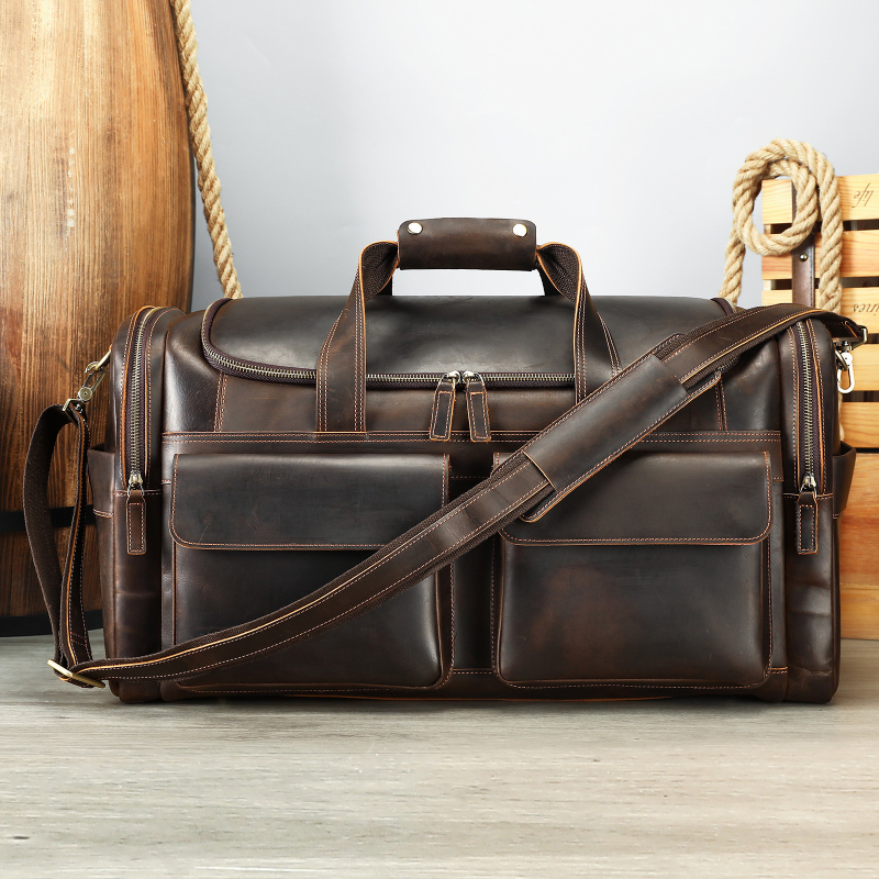 Marunte férfi bőr utazótáska keresztpánttal, Crazy Horse bőr, 36–55 L kapacitás, poliészter bélés