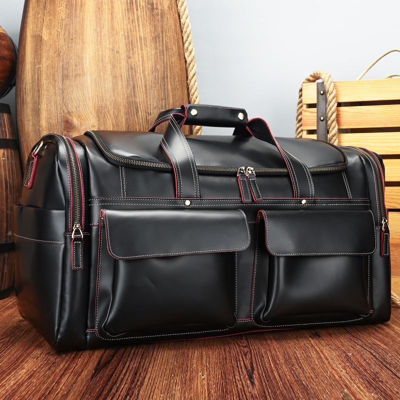 Marunte férfi bőr utazótáska keresztpánttal, Crazy Horse bőr, 36–55 L kapacitás, poliészter bélés