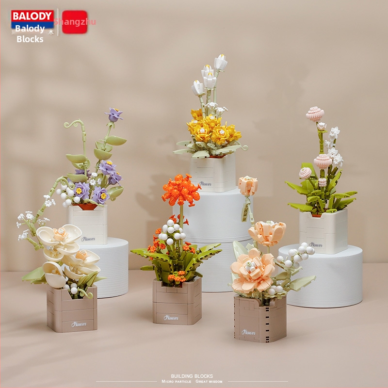 BALODY 21222 Rozā orchīdejas blokveids pušķis — ABS plastmasa, DIY komplekts, vairāk nekā 800 detaļu, vecums 7–14 gadi