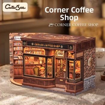 Дървен DIY 3D архитектурен модел: Corner Coffee Shop, батерийно захранване, сглобяем, CuteBee