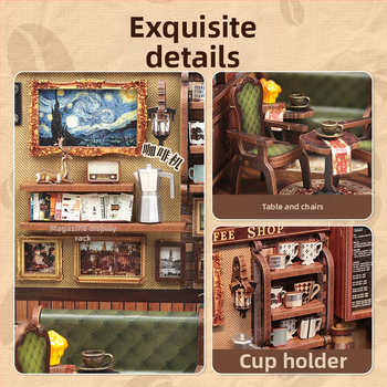 Дървен DIY 3D архитектурен модел: Corner Coffee Shop, батерийно захранване, сглобяем, CuteBee