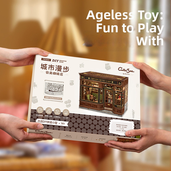 Дървен DIY 3D архитектурен модел: Corner Coffee Shop, батерийно захранване, сглобяем, CuteBee