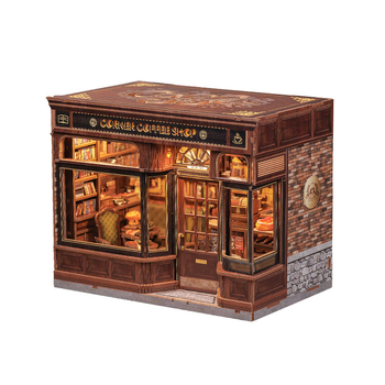 Дървен DIY 3D архитектурен модел: Corner Coffee Shop, батерийно захранване, сглобяем, CuteBee