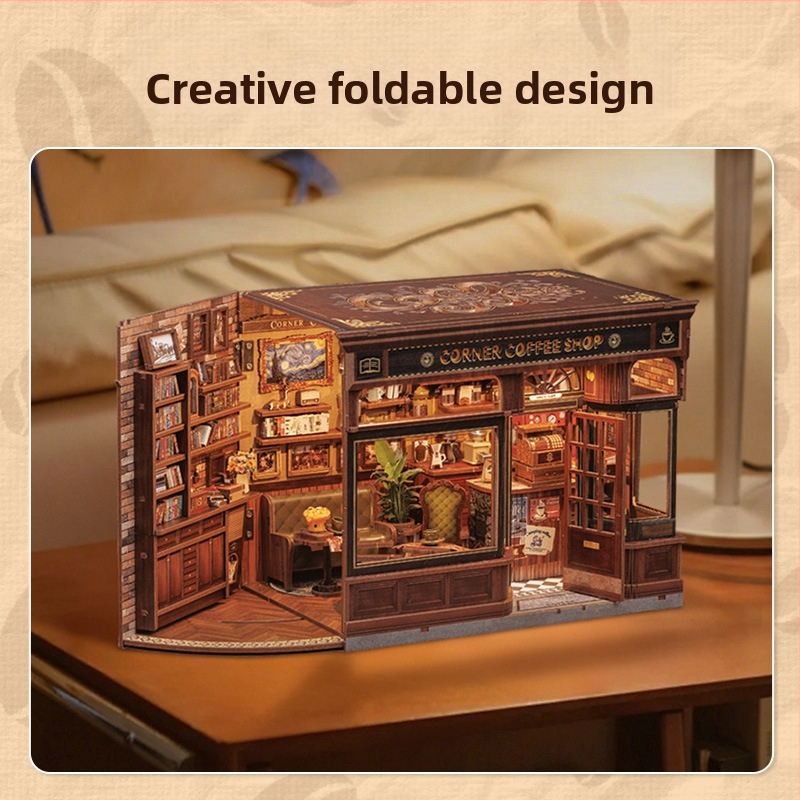 Дървен DIY 3D архитектурен модел: Corner Coffee Shop, батерийно захранване, сглобяем, CuteBee