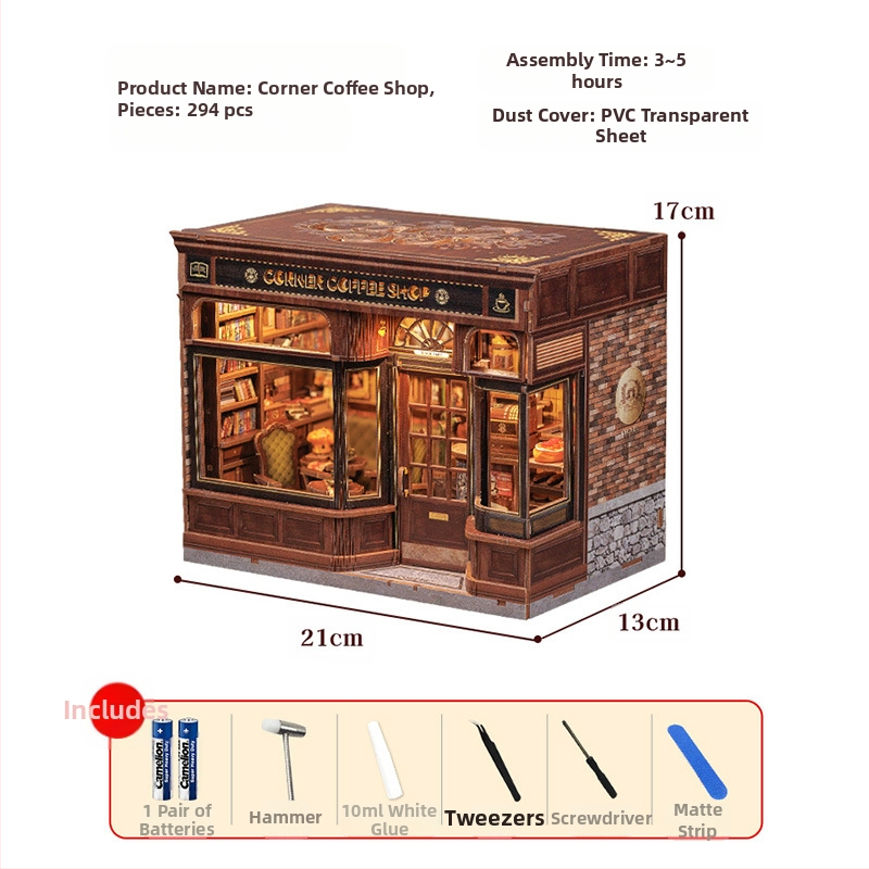 Дървен DIY 3D архитектурен модел: Corner Coffee Shop, батерийно захранване, сглобяем, CuteBee