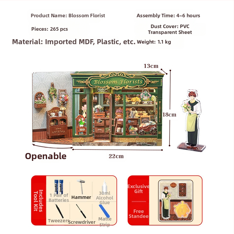 Дървен DIY 3D архитектурен модел: Corner Coffee Shop, батерийно захранване, сглобяем, CuteBee