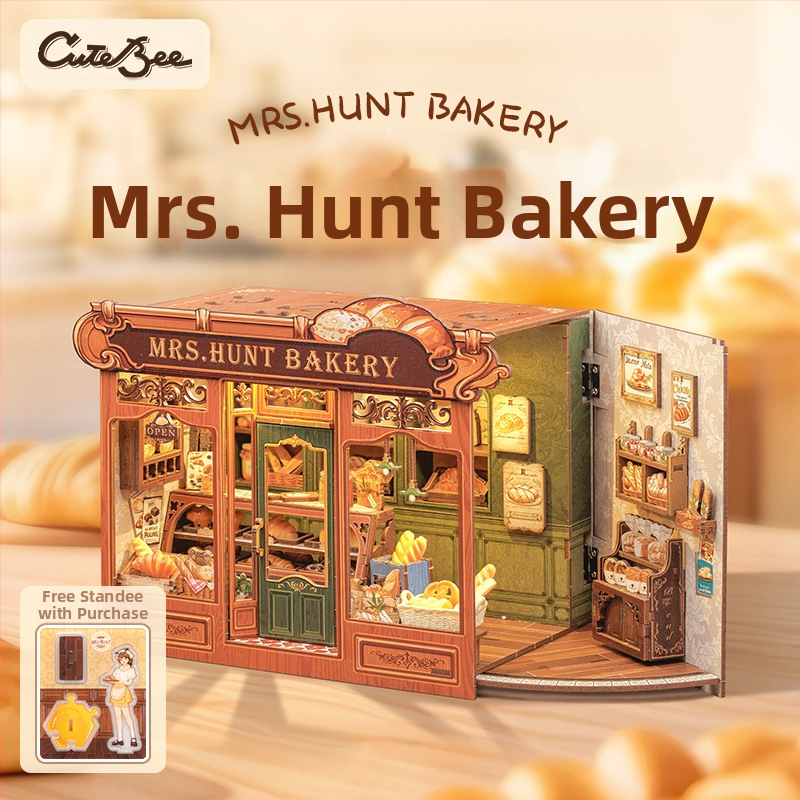 Дървен DIY 3D архитектурен модел: Corner Coffee Shop, батерийно захранване, сглобяем, CuteBee