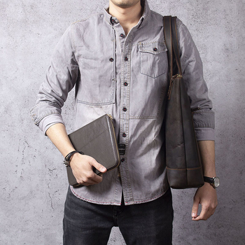 Мъжка чанта за рамо от естествена кожа, горен слой телешка кожа, вертикална квадратна форма, цип за затваряне, едноцветен дизайн