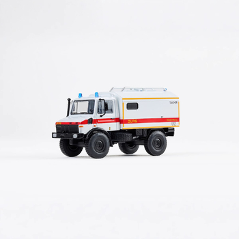 Mcdi Unimog U1300L офроуд спасителен RV модел автомобил, сплавно тяло, мащаб 1:64, ръчно управление