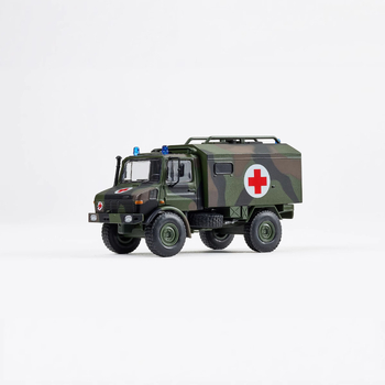 Mcdi Unimog U1300L офроуд спасителен RV модел автомобил, сплавно тяло, мащаб 1:64, ръчно управление