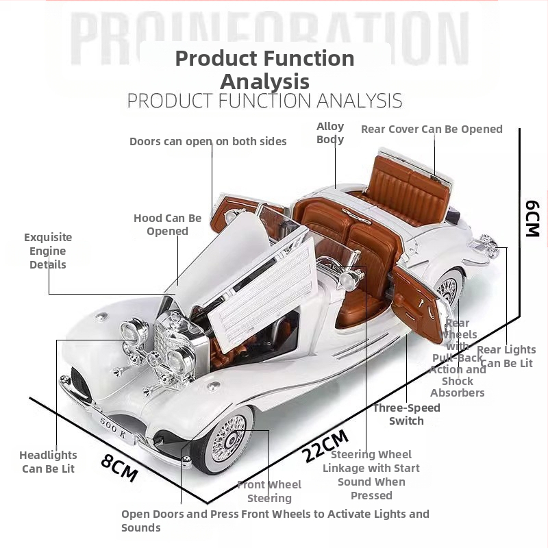Модел на класически автомобил от сплав със звук и светлина, за деца 7–14 години