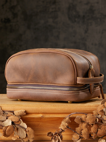 Мъжка ръчно изработена чанта за тоалетни принадлежности от Crazy Horse кожа – пътуване, естествена кожа, подплата от полиестер