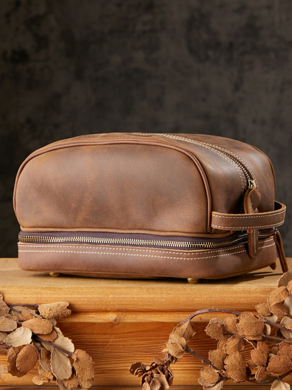 Мъжка ръчно изработена чанта за тоалетни принадлежности от Crazy Horse кожа – пътуване, естествена кожа, подплата от полиестер