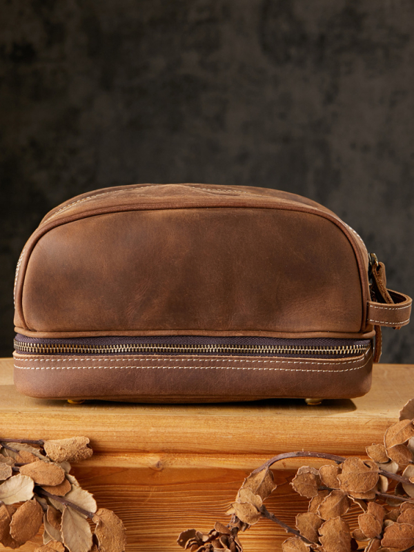 Мъжка ръчно изработена чанта за тоалетни принадлежности от Crazy Horse кожа – пътуване, естествена кожа, подплата от полиестер