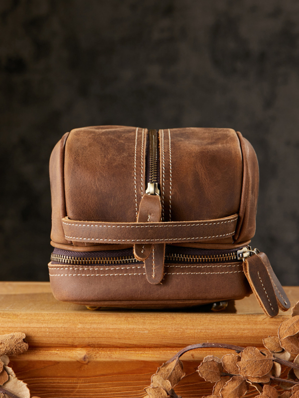 Мъжка ръчно изработена чанта за тоалетни принадлежности от Crazy Horse кожа – пътуване, естествена кожа, подплата от полиестер