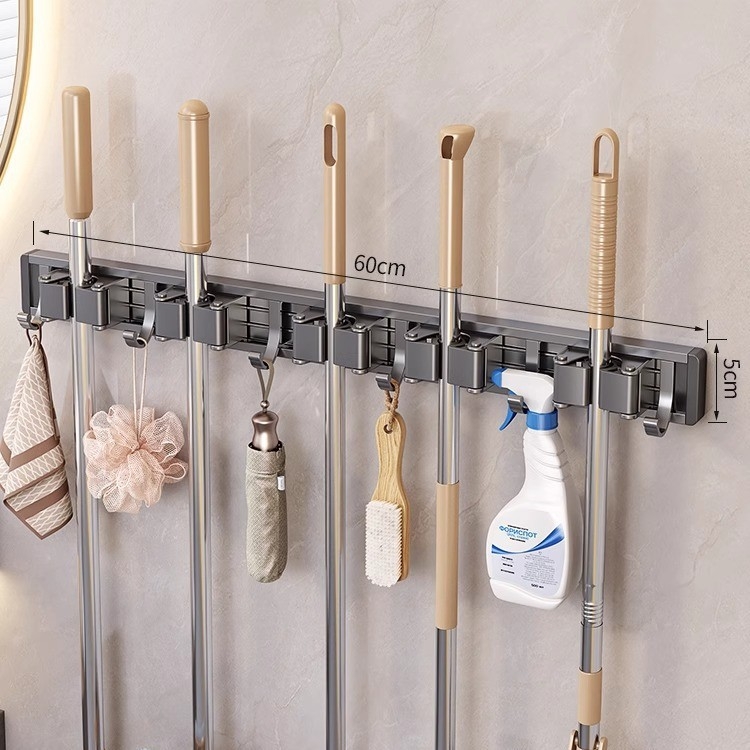 Zidni držač za mop i metlu | aluminij tipa kosmos | nosivost 10 kg | oksidacijski postupak | završni oksidacijski sloj | lagani luksuzni stil