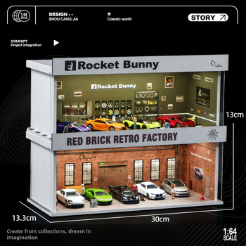 1:64 mēroga auto modelis izstādīšanai PVC kastē ar garāžas ainu un apgaismojumu; montāža nepieciešama; pielāgojams pēc zīmējumiem