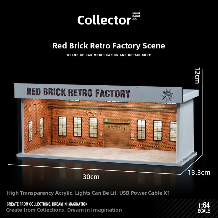 1:64 mēroga auto modelis izstādīšanai PVC kastē ar garāžas ainu un apgaismojumu; montāža nepieciešama; pielāgojams pēc zīmējumiem