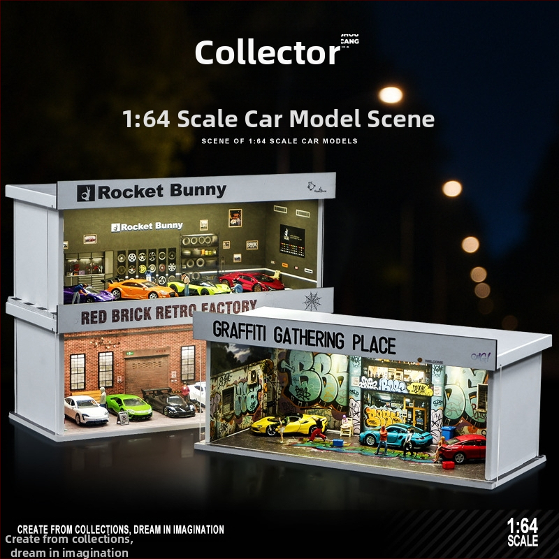 1:64 mēroga auto modelis izstādīšanai PVC kastē ar garāžas ainu un apgaismojumu; montāža nepieciešama; pielāgojams pēc zīmējumiem
