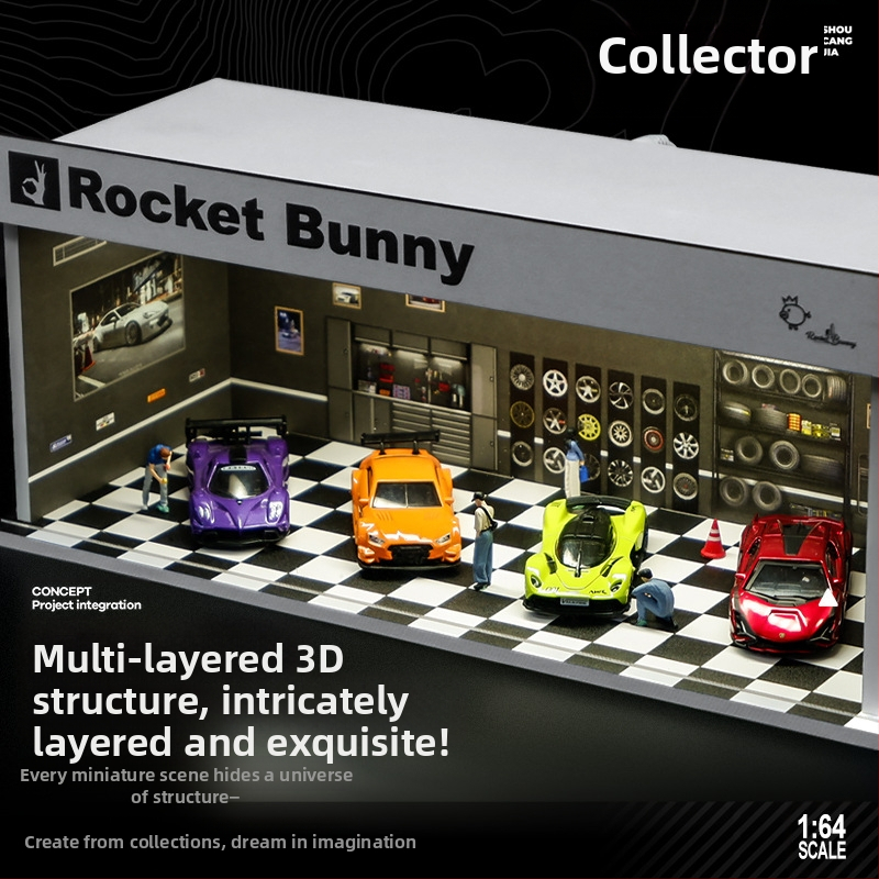Модел автомобил 1:64 за дисплей в PVC кутия със сцена гараж и осветление, сглобяем, персонализиран по чертежи