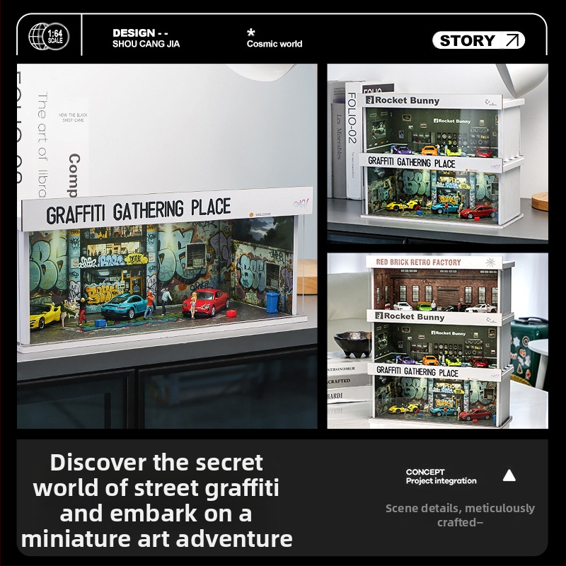 Модел автомобил 1:64 за дисплей в PVC кутия със сцена гараж и осветление, сглобяем, персонализиран по чертежи