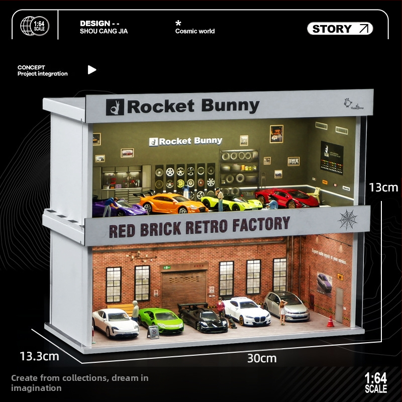 Модел автомобил 1:64 за дисплей в PVC кутия със сцена гараж и осветление, сглобяем, персонализиран по чертежи