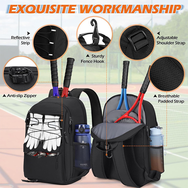 Badmintono/teniso krepšys - 2 raketėms talpa, izoliota kišenė, ventiliuojamas batų skyrius (2 raketėms; izoliota kišenė; ventiliuojamas batų skyrius; vandeniui atsparus Oxford audinys)