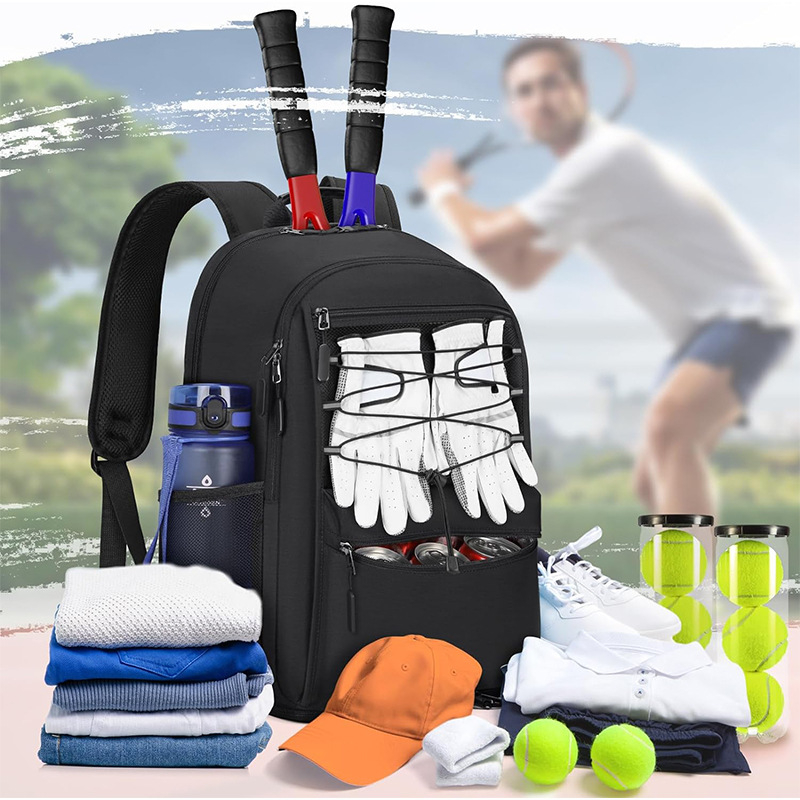 Badmintono/teniso krepšys - 2 raketėms talpa, izoliota kišenė, ventiliuojamas batų skyrius (2 raketėms; izoliota kišenė; ventiliuojamas batų skyrius; vandeniui atsparus Oxford audinys)