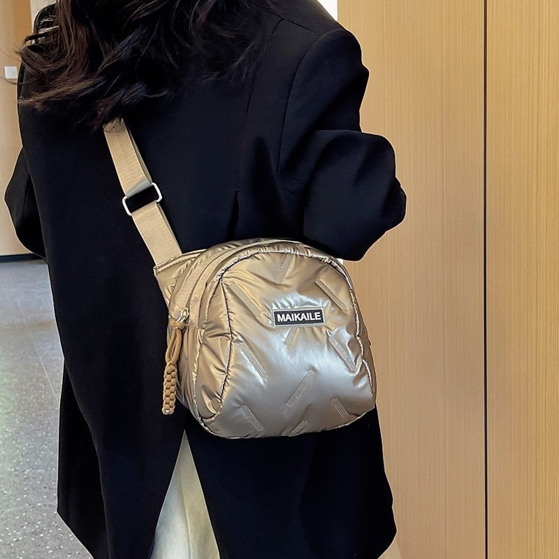 Geantă crossbody din PU, stil urban simplu, formă rotundă, închidere cu fermoar, buzunar intern cu fermoar